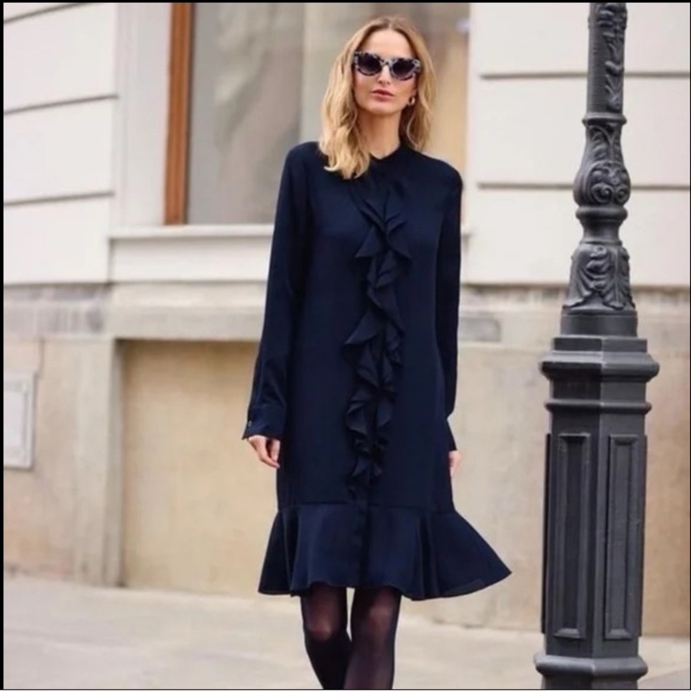 TORY  BURCH Jane Navy Ruffle Long Sleeve Shirtdress Midi Office Business Size 12